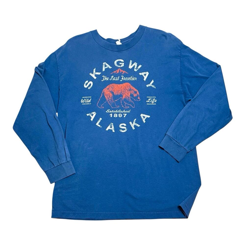 Vintage‎ Alstyle Alaska Bear Graphic Long Sleeve T-Shirt Mens Size L Blue Hiking